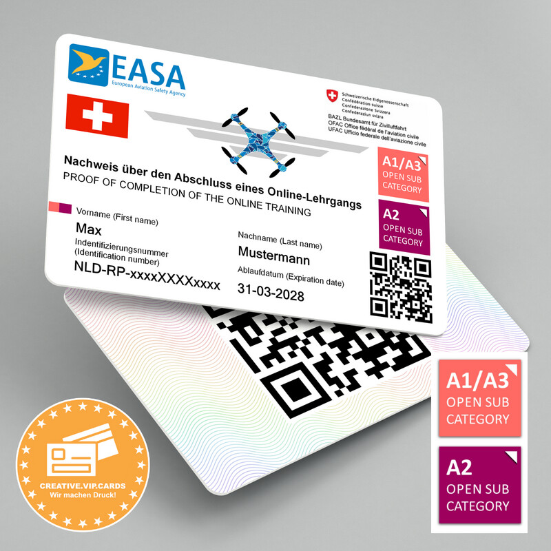 Drohnenführerschein A1/A3 und A2 (Schweiz) auf eine Plastikkarte im Kreditkartenformat drucken lassen