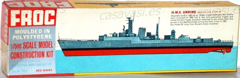 Frog - Cat.NO.126P - 1/500 - H.M.S. Undine Frigate A/S Type 15 - 8 1/2 " Long
Box Size - 23 x 6.5 cm.
