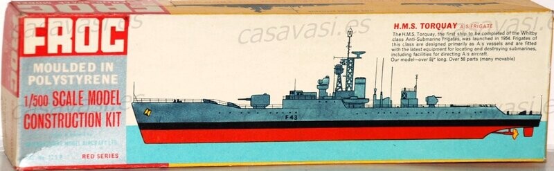 Frog - Cat.NO.125P - 1/500 - H.M.S. Torquay A,S. Frigate - 8 1/2 " Long
Box Size - 23 x 6.5 cm.
