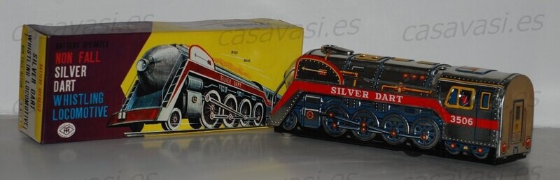 Non Fall Silver Dart Whistling Locomotive - Tinplate

Box Size 19.5 x 11 cm.