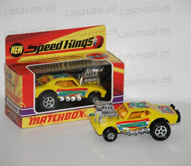 Matchbox K SK - 43 -1973 - Cambuster Yellow Mirrors
Wide Drag Racing Slicks & Supercharged V/8 Engine