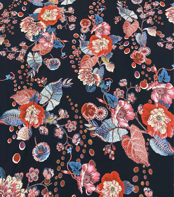 Floating Flowers-viskoosi, Navy-punainen