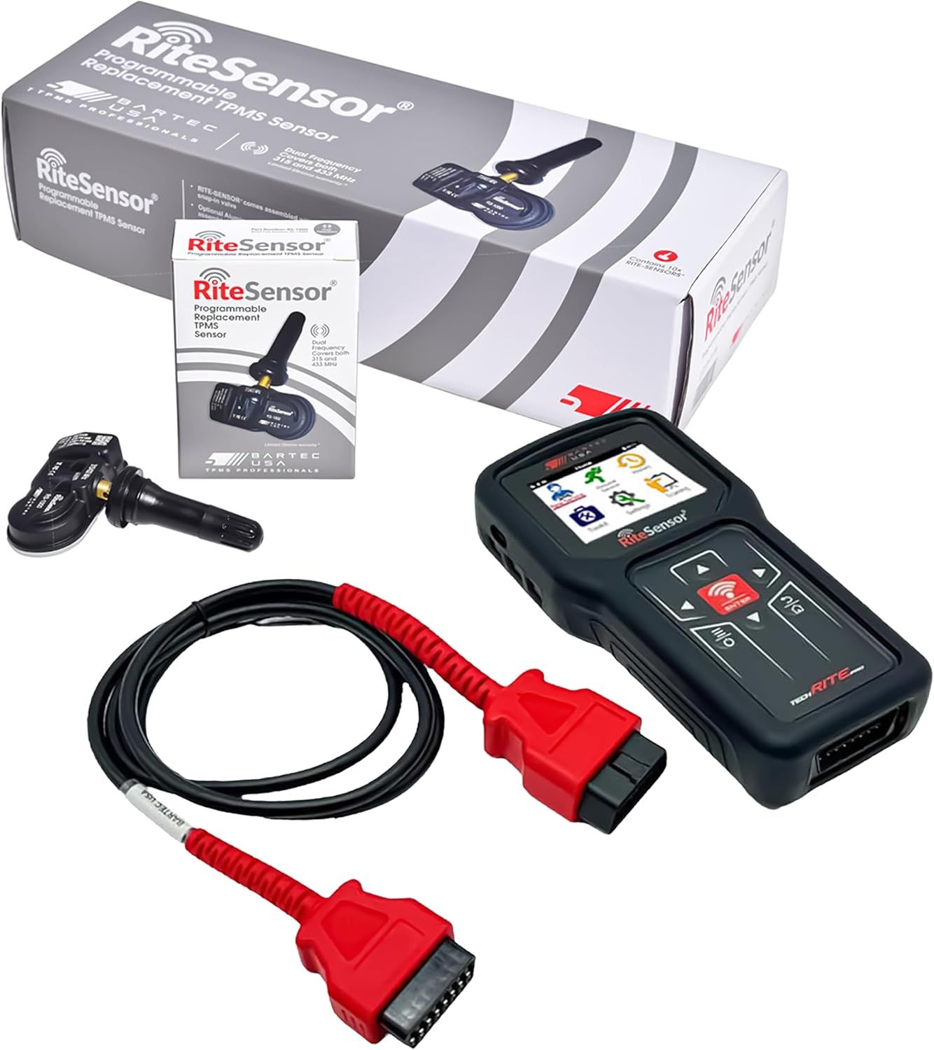 TechRitePro Tool Kit with 4 Sensors – TPMS Diagnostic Tool with 2.8” Color Display, Rechargeable Battery, OBDII Connector, TPMS Programming Tool &amp; TPMS Relearn Tool for Tire Shops &amp; Garage