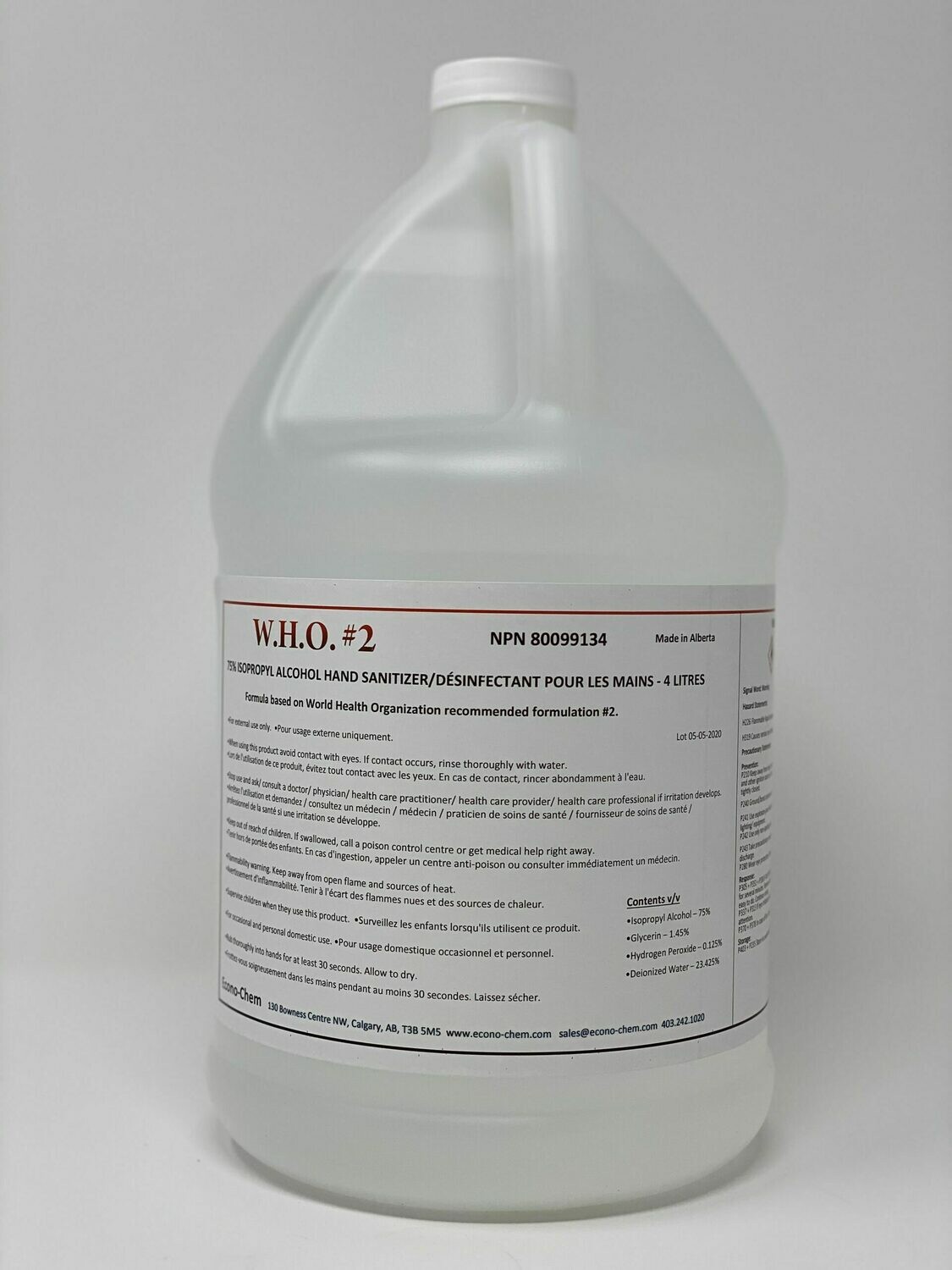 WHO#2 Hand Sanitizer 75% Isopropyl Alcohol 4 litre jug