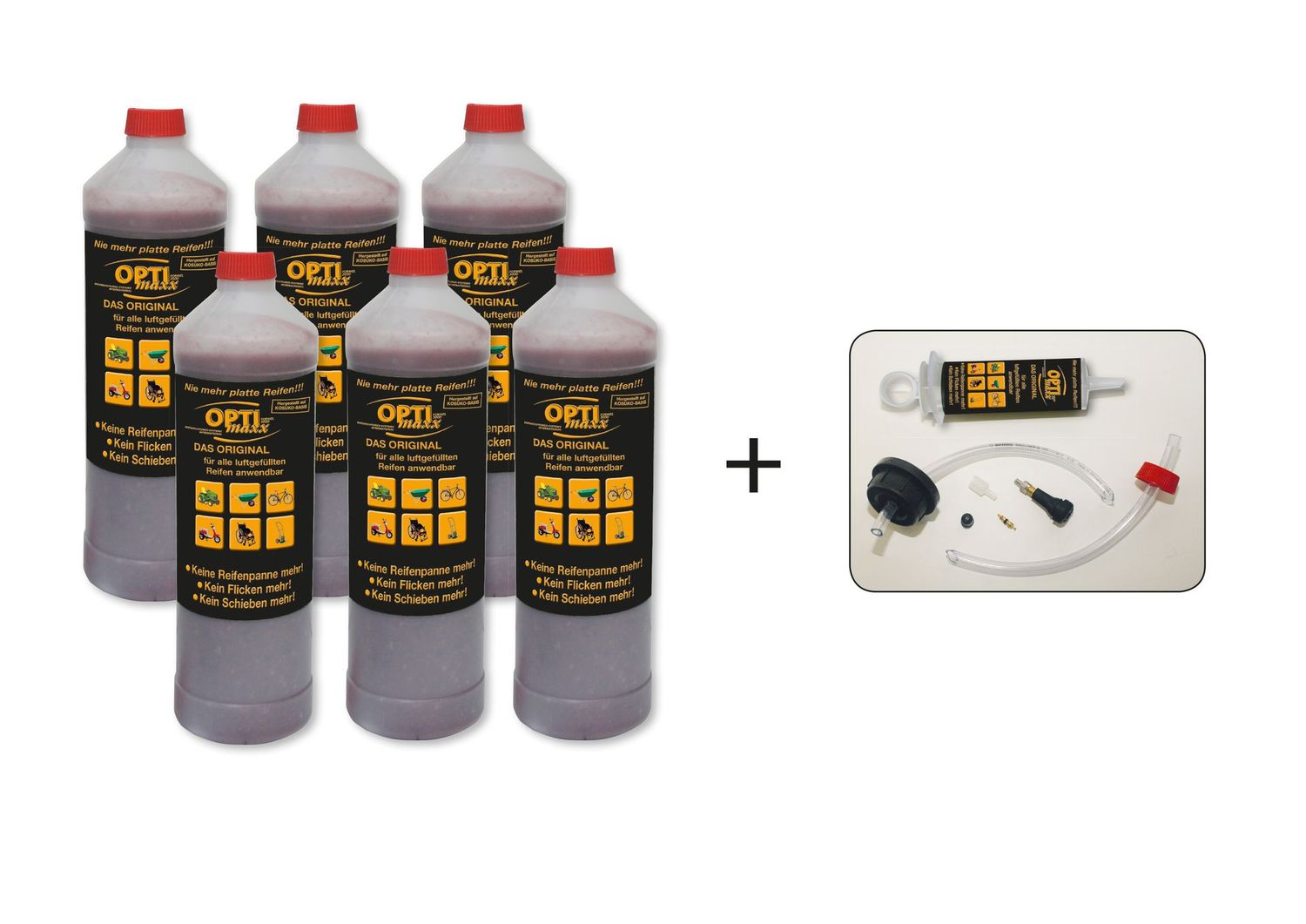 6 x 1 Liter-Flasche Reifendicht-Gel inkl. Profi-Einfüll-Zubehör
(Preis/Liter: 9,17 €)
