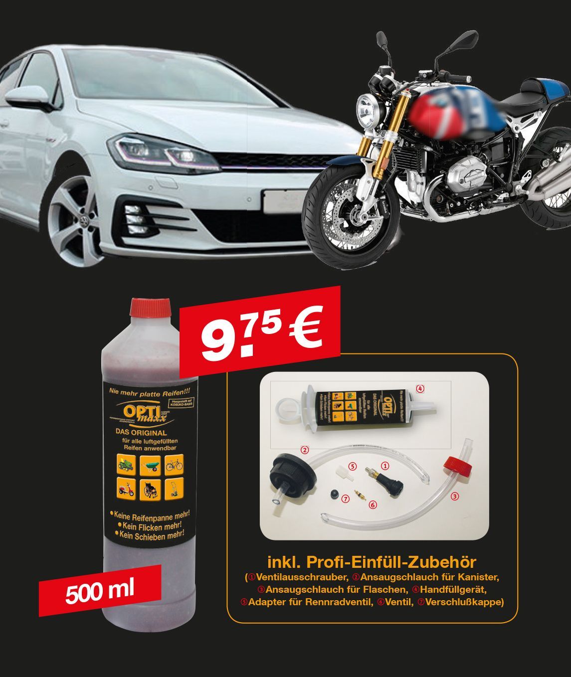 Auto/Motorrad-Paket, 500 ml inkl. Profi-Einfüll-Zubehör