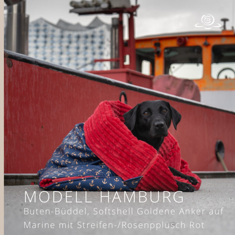 MODELL HAMBURG // Softshell Goldene Anker auf Marine + Plüsch in Rot + optional mit Reißverschluss