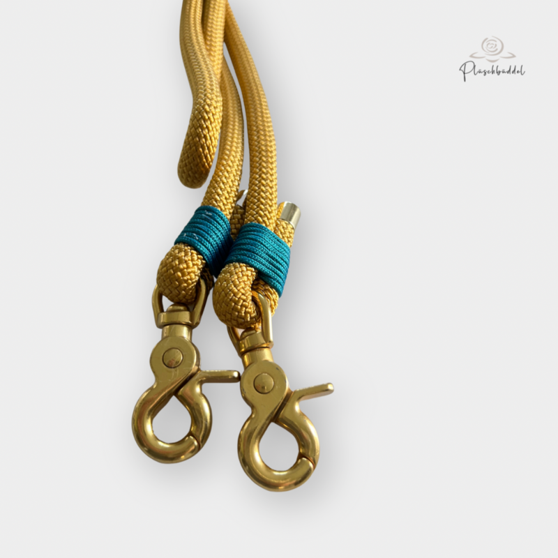 TRAGEGURT FÜR BÜDDEL BIS GRÖSSE M // 3 Meter // PPM-Seil Gold Rush mit Takelung Teal, Karabiner Gold TRAGEGURT FÜR BÜDDEL BIS GRÖSSE M // 3 Meter // PPM-Seil Gold Rush mit Takelung Teal, Karabiner Gold