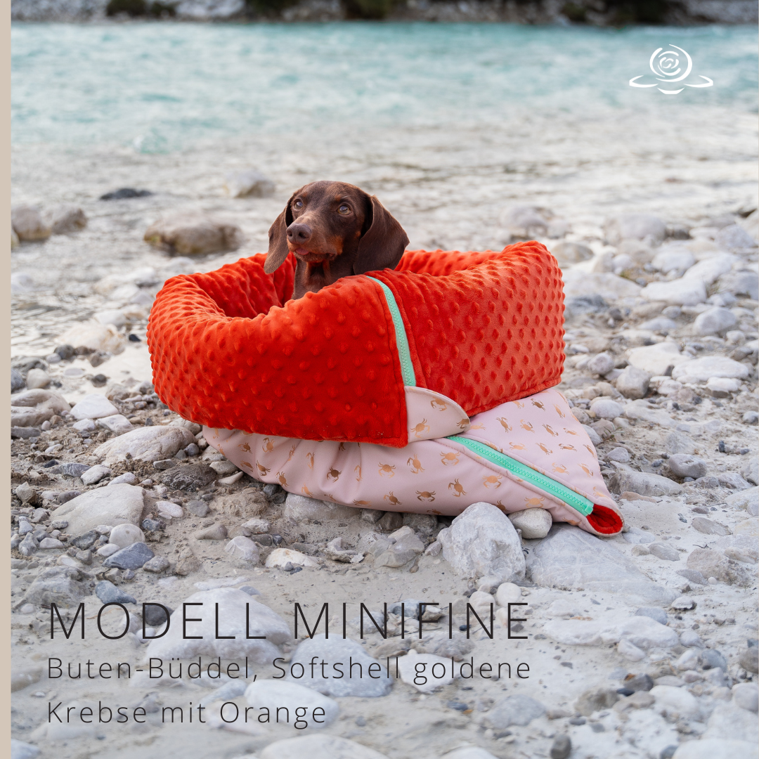 MODELL MINIFINE  // Softshell Goldene Krabben + Minky Dots o. Frottée Orange + optional mit Reißverschluss