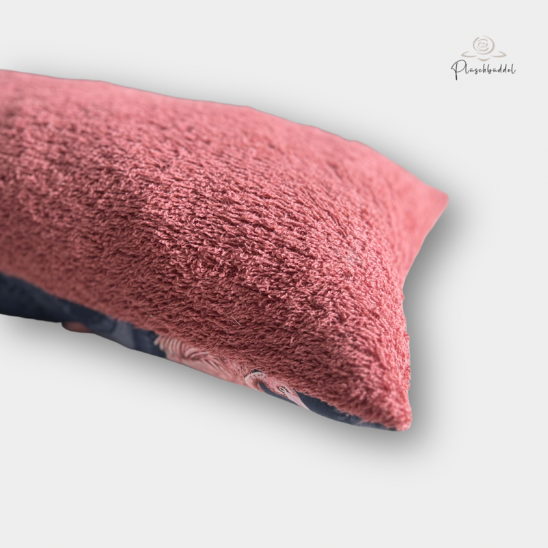 MINI-KISSEN // ca. 20x40 cm // Softshell Flamingo auf Ornamenten in Blau mit Frottée Altrosa // SOFORTKAUF