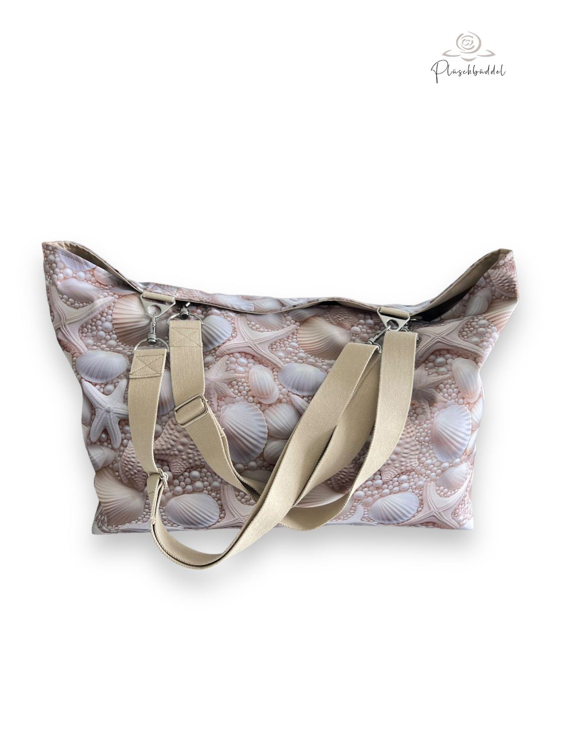 BEACHBAG PREMIUM // Softshell Seaworld MUSCHELN, Tragegurten in Sand, Innenfutter Outdoorgewebe Sahara und Reißverschluss in Grau