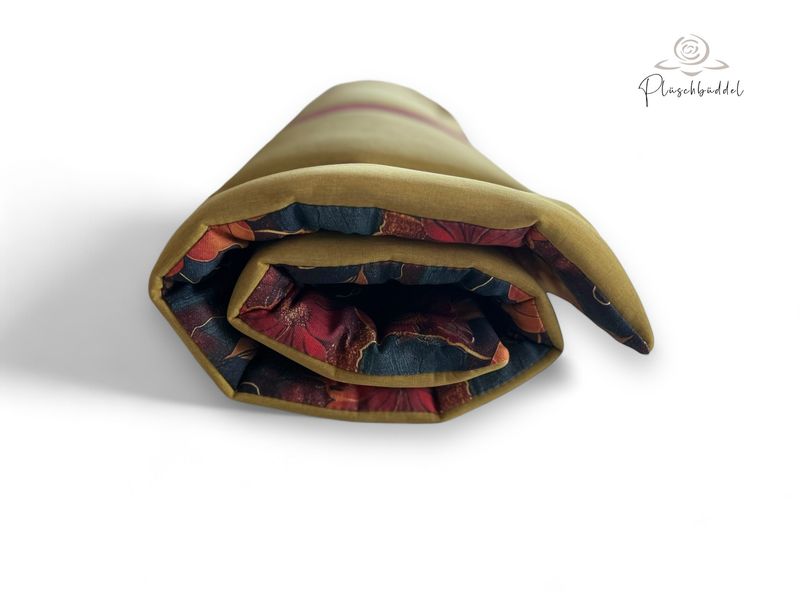 ROLLPOFA  // ca. 65 x 95 cm  // Softshell Gelbmelange mit Baumwollgewebe Herbstblumen // mit 4 cm Volumenvlies inkl. Handgriff und Gummibänder