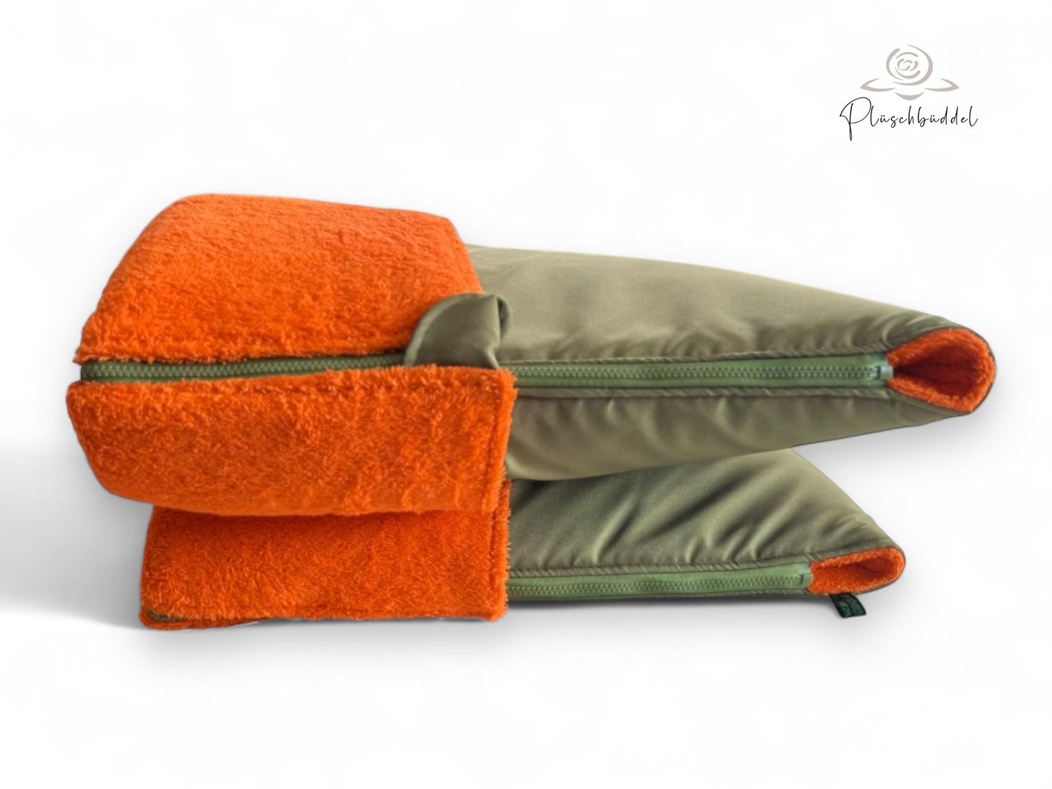 BUTEN-BÜDDEL CLASSIC // Größe 95x70 cm // Outdoorgewebe Olive + Minky Frottée Orange  + Reißverschluss Orange // SOFORTKAUF