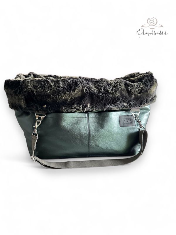 BÜDDELBAG SOFORTKAUF PREMIUM // Grösse Quadrat // Kunstleder Metallic Green mit Wechsel-Inlet Wild Rabbit Krokodil + Tragegurt in Grau