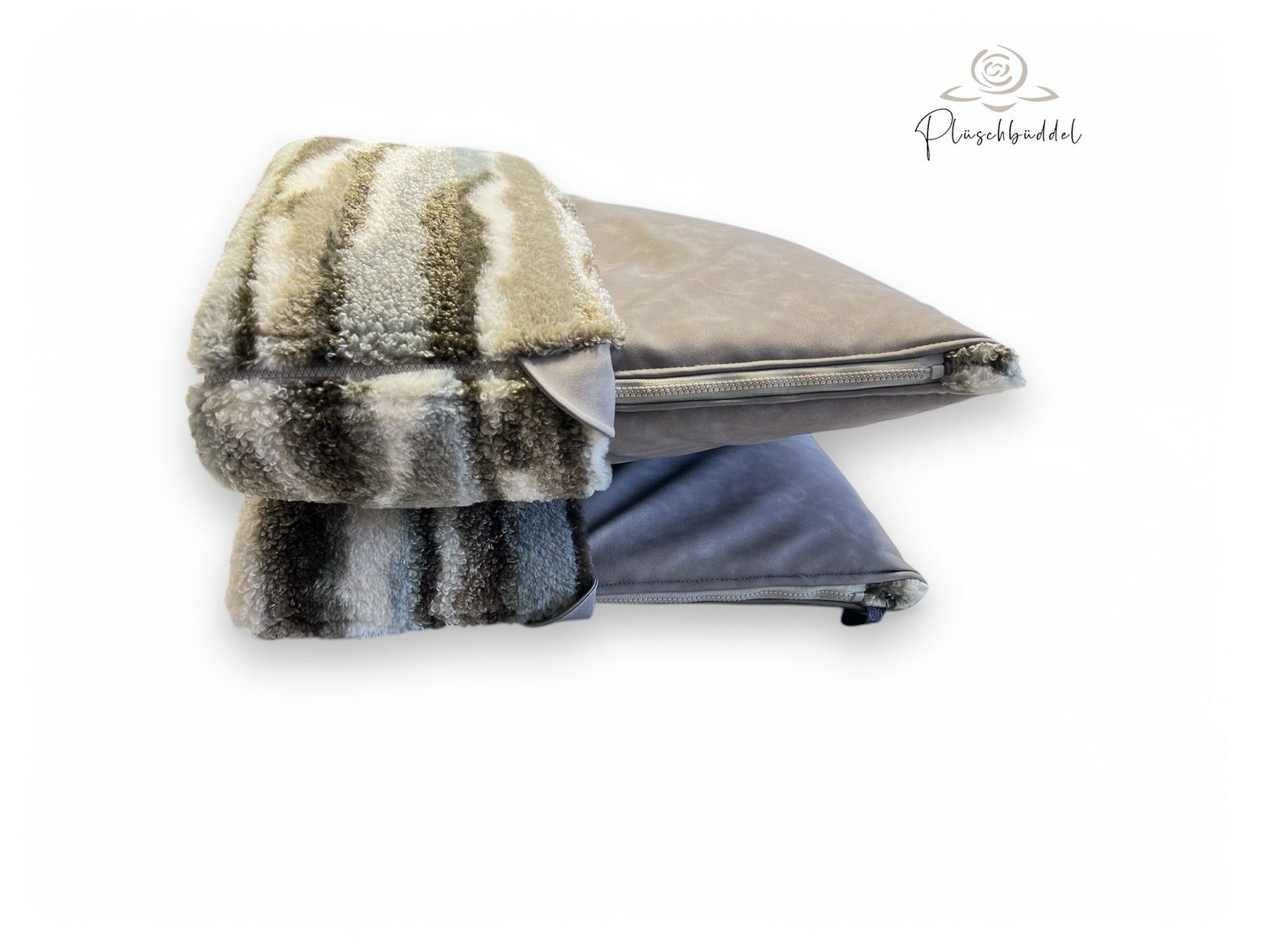 PLÜSCHBÜDDEL PREMIUM // Kunstleder Platingrau Vintage + Teddy Stripes + Reißverschluss Braunbeige // SOFORTKAUF