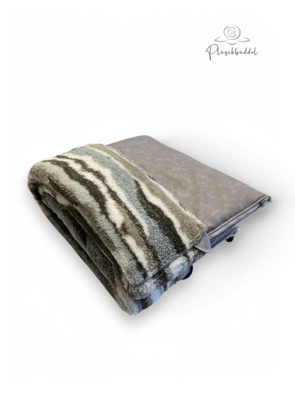 PLÜSCHBÜDDEL PREMIUM // Kunstleder Platingrau Vintage + Teddy Stripes + Reißverschluss Braunbeige // SOFORTKAUF