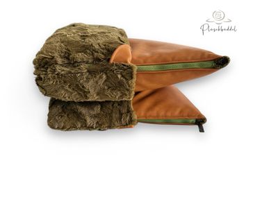 PLÜSCHBÜDDEL OUTDOOR PREMIUM // Größe XL ca. 145x65 cm // Kunstleder Cognac Vintage + Wellenplüsch Olive + Reissverschluss Olive // SOFORTKAUF
