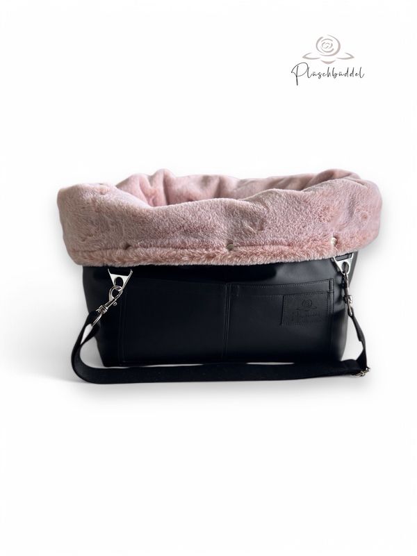 BÜDDELBAG SOFORTKAUF PREMIUM // Grösse S // Kunstleder Schwarz mit Wechsel-Inlet Kunstfell Flamingo /Rosa + Tragegurt in Schwarz