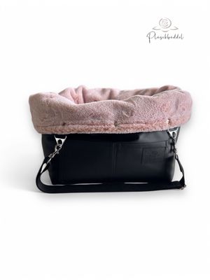 BÜDDELBAG SOFORTKAUF PREMIUM // Grösse S // Kunstleder Schwarz mit Wechsel-Inlet Kunstfell Flamingo /Rosa + Tragegurt in Schwarz