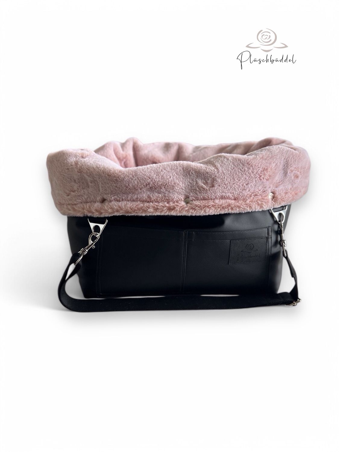 BÜDDELBAG SOFORTKAUF PREMIUM // Grösse S // Kunstleder Schwarz mit Wechsel-Inlet Kunstfell Flamingo /Rosa + Tragegurt in Schwarz