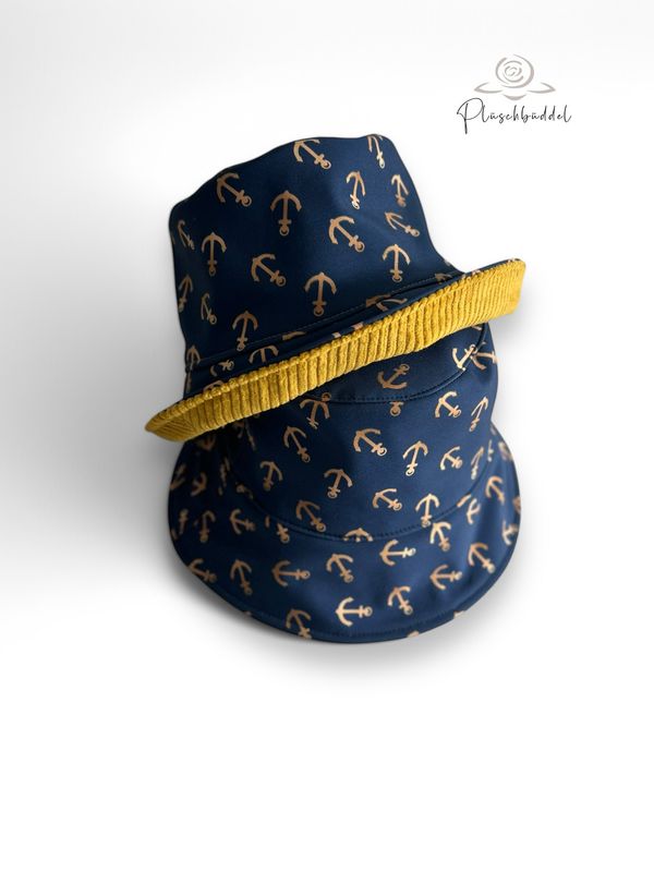 REGENHUT SONNENHUT // Grösse 58 d.h. passt für ca. 57-59 cm Umfang  // Softshell Goldene Anker auf Marine mit Cord Okker