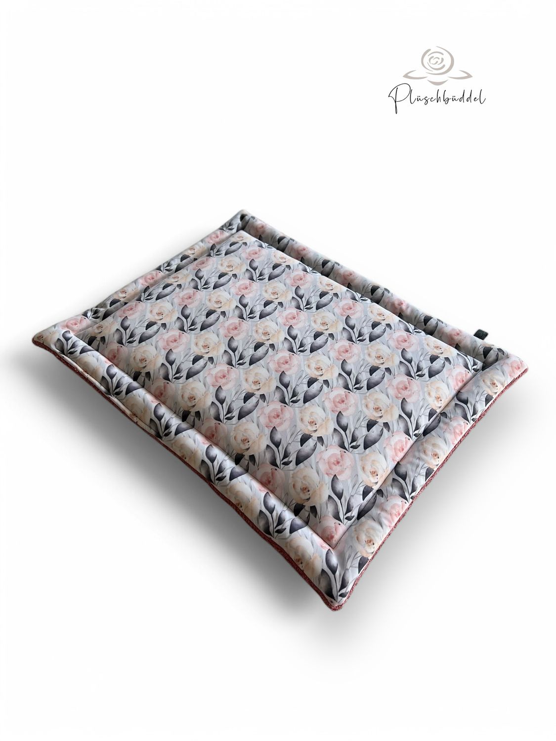 ROLLPOFA PREMIUM // ca. 45 x 58 cm  // Softshell Pastellblaumen auf Hellgrau mit Frottée Alrtrosa // mit 4 cm Volumenvlies inkl. Tragegurt aus Gurtband in Rosa oder Grau nach Verfügbarkeit