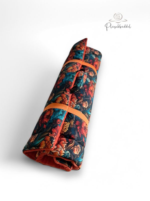 ROLLPOFA PREMIUM // ca. 65 x 95 cm  // Softshell  Chinese Flowers mit Minky Dots Orange // mit 4 cm Volumenvlies inkl. Handgriff und Gummibänder