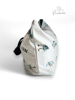 BEACHBAG PREMIUM // Softshell Seaworld Kids mit Innenfutter in Outdoorgewebe Seegrün, Innentasche und 2 Tragegurten in Dunkelgrau Melange // Motiv steht auf 1 Seite auf dem Kopf