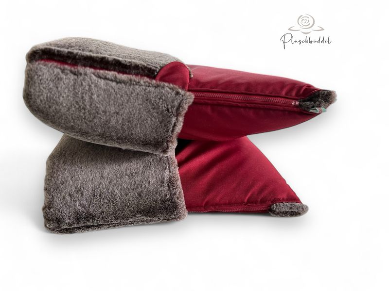PLÜSCHBÜDDEL PREMIUM // Outdoorgewebe Dunkelrot + Grizzly + Reißverschluss Dunkelrot // SOFORTKAUF