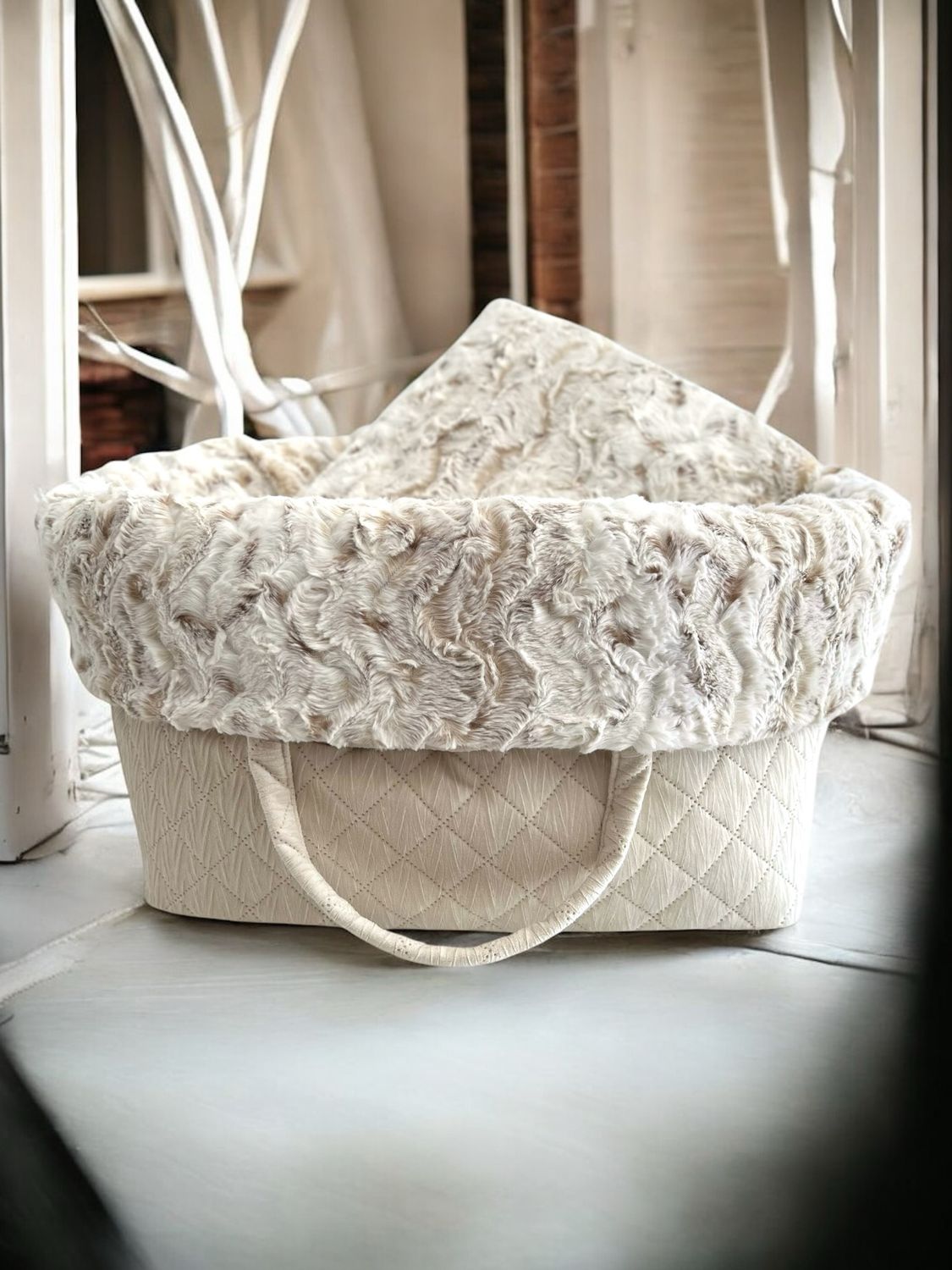 HOMYBAG PREMIUM // Grösse Quadrat // Stepp Velvet Ecru-Sahne mit Schneeeule Natur