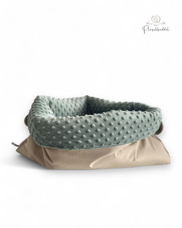 PLÜSCHBÜDDEL OUTDOOR CLASSIC // Grösse S ca. 65x45 cm // Outdoorgewebe Sahara + Minky Dots Mint + Reißverschluss Braunbeige // SOFORTKAUF