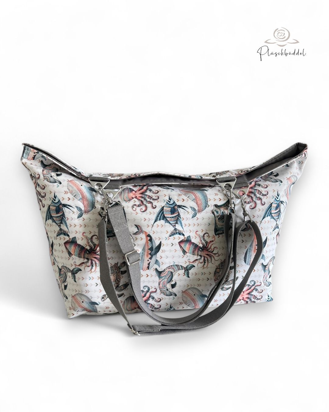 BEACHBAG LUXUS // Softshell Special Boho Sea gefüttert mit Outdoorgewebe Grau, Tragegurten in Graumelange