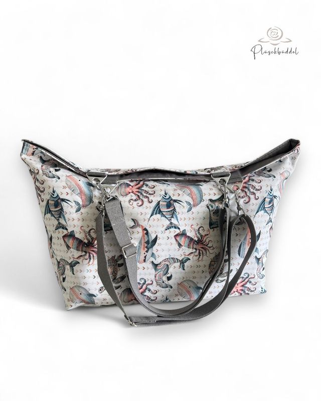 BEACHBAG LUXUS // Softshell Special Boho Sea gefüttert mit Outdoorgewebe Grau, Tragegurten in Graumelange