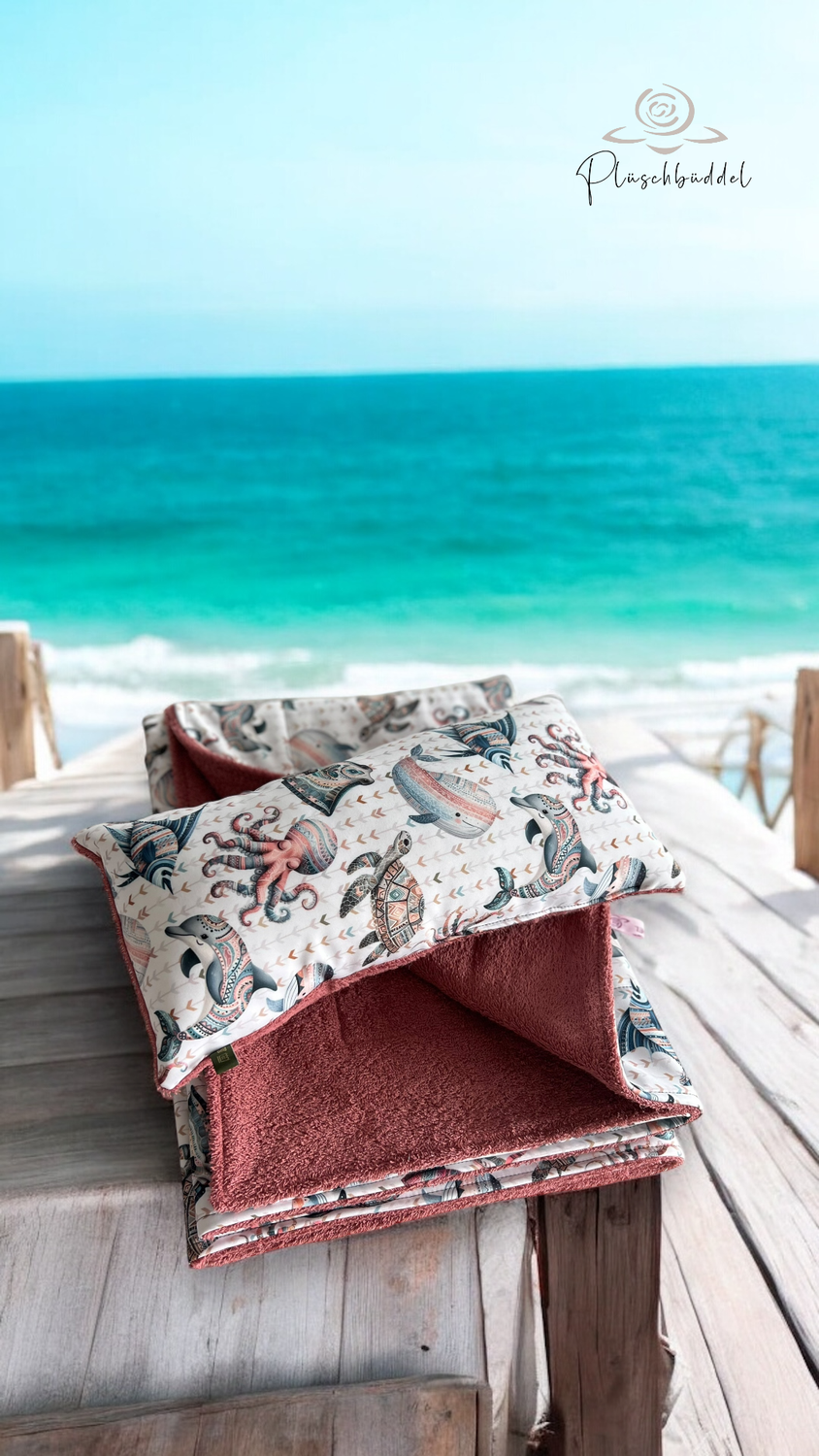 SOFAPOFA OUTDOOR PREMIUM ungefüttert  // Softshell  Special Boho Sea mit Frottée Altrosa inkl. Mini-Kissen // Decke ca. 100x140 inkl. Minikissen ca. 20x40 cm // SOFORTKAUF