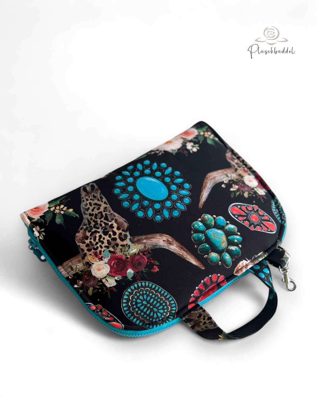 POPOPOFA // Sitzfläche ca. 30x50 cm // Softshell Special Western Stier mit Minky Dots Türkis // Sitzkissen zum Zusammenklappen