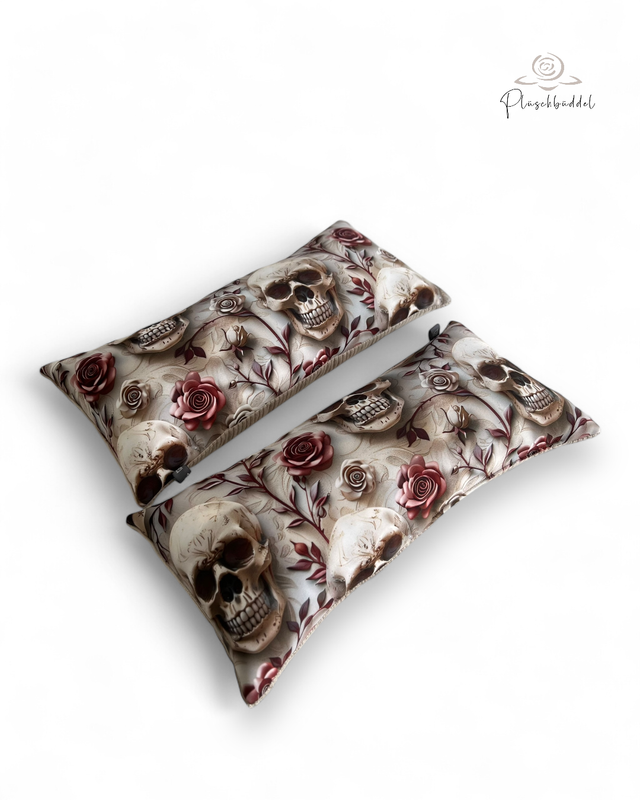 MINI-KISSEN // ca. 20x40 cm // Softshell Special Skulls &amp; Roses mit Cord Beige // SOFORTKAUF