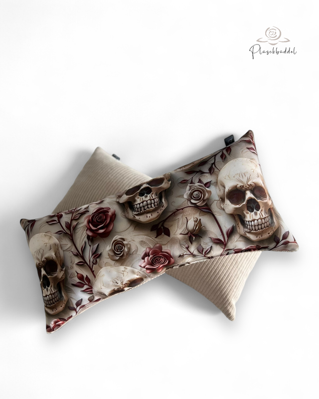 MINI-KISSEN // ca. 20x40 cm // Softshell Special Skulls &amp; Roses mit Cord Beige // SOFORTKAUF