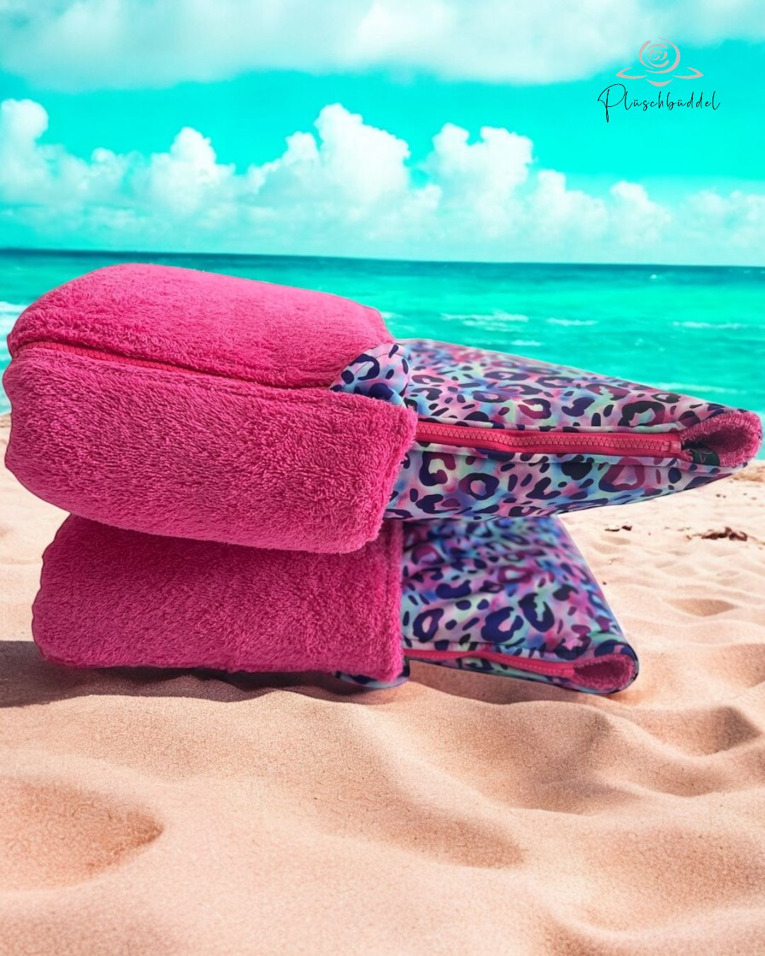 PLÜSCHBÜDDEL CLASSIC INDOOR //  Grösse M ca. 95x65 cm // Softshell Animal Print Purple Blue + Frottée Pink + Reissverschlüsse in Pink // SOFORTKAUF