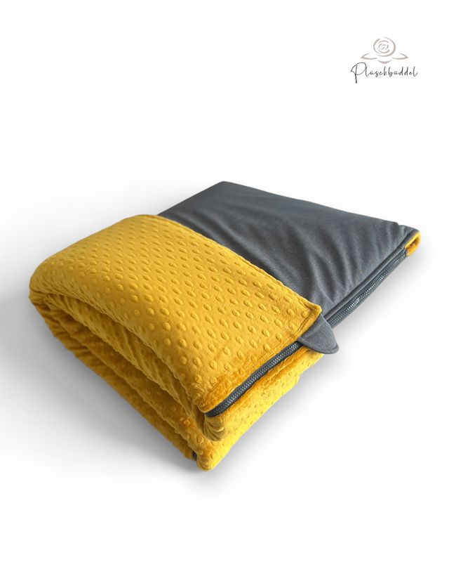 PLÜSCHBÜDDEL CLASSIC OUTDOOR // Größe 95x70 cm // Softshell Graumelange + Minky Dots Gold + Reißverschluss Gelb // SOFORTKAUF