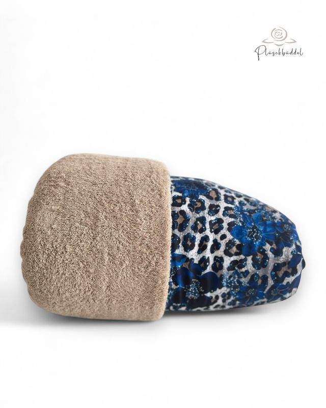 PLÜSCHBÜDDEL OUTDOOR PREMIUM // Größe XL ca. 145x65 cm // Softshellspecial Leoblumenblau + Frottée Cappuccino + Reissverschluss Jeans // SOFORTKAUF