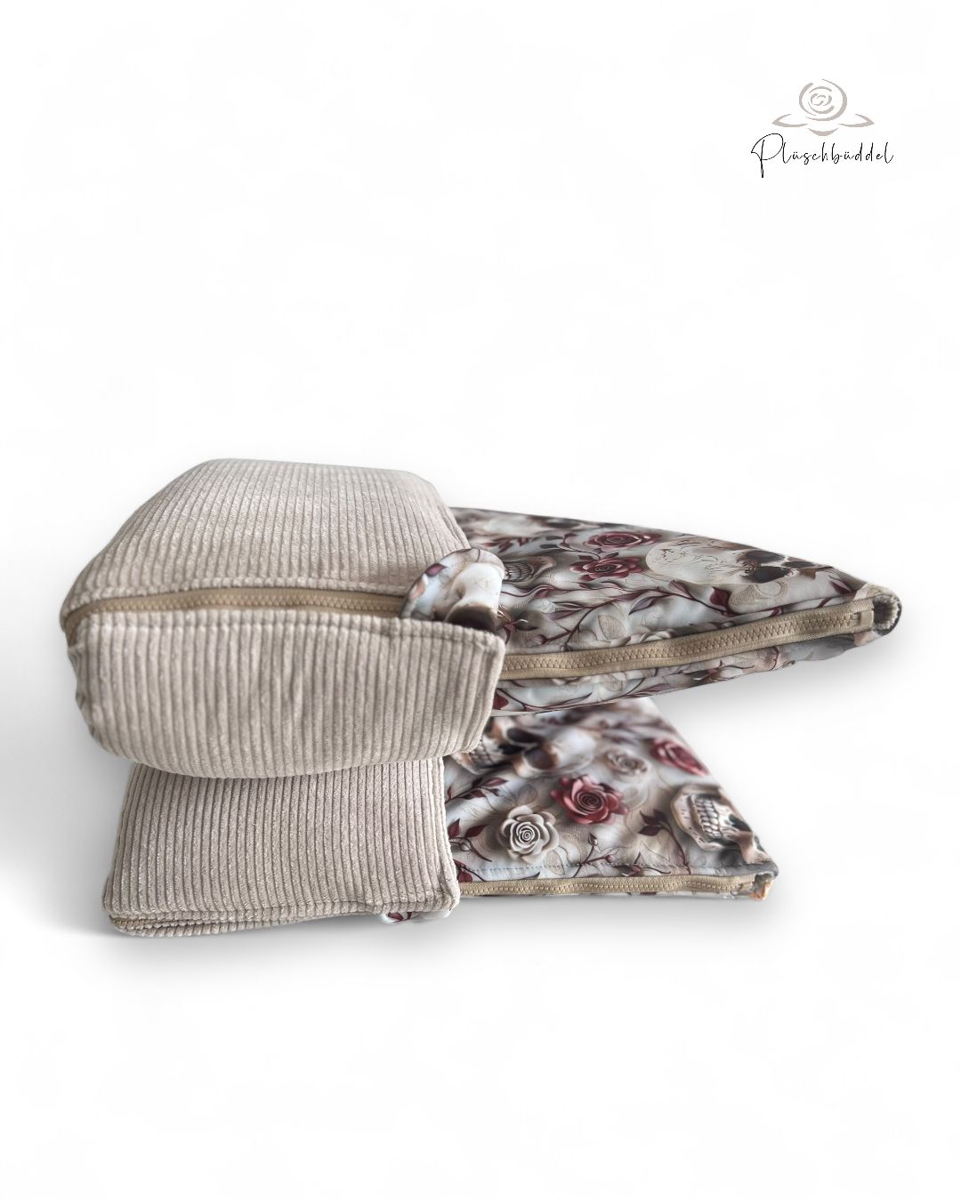 PLÜSCHBÜDDEL PREMIUM OUTDOOR // Softshellspecial Skulls &amp; Roses + Cord Beige + Reißverschluss Braunbeige // SOFORTKAUF