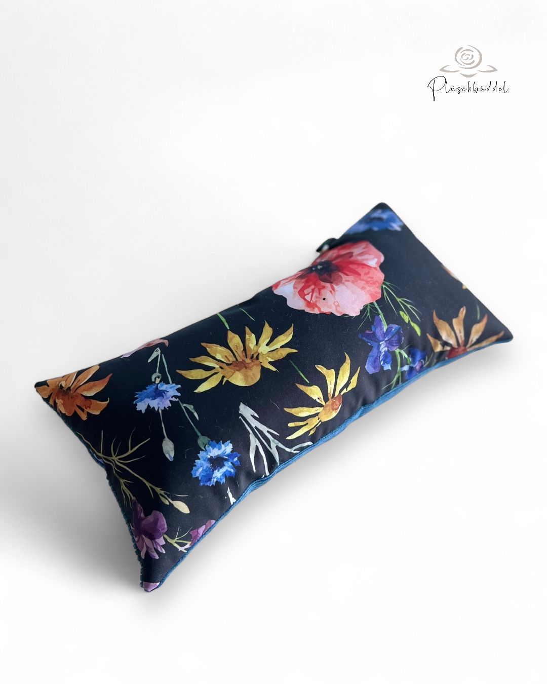MINI-KISSEN // ca. 20x40 cm // Softshell Blumenwiese auf Schwarz mit Cord Indigoblau // SOFORTKAUF