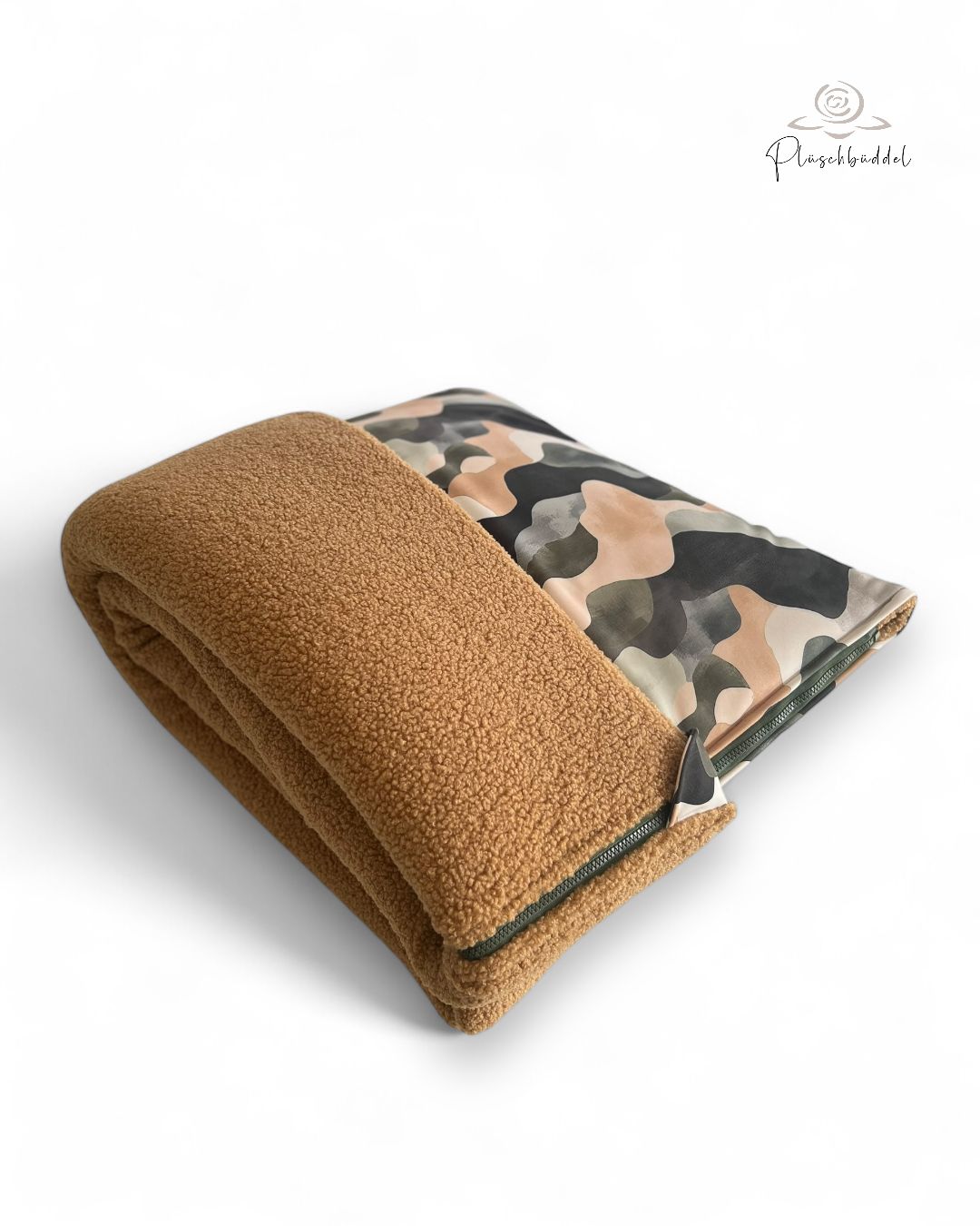 PLÜSCHBÜDDEL PREMIUM // Softshell Camou Grünbeige Gross  + Teddy Camel + Reißverschluss Dunkelgrün // SOFORTKAUF