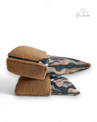 PLÜSCHBÜDDEL PREMIUM // Softshell Camou Grünbeige Gross  + Teddy Camel + Reißverschluss Dunkelgrün // SOFORTKAUF