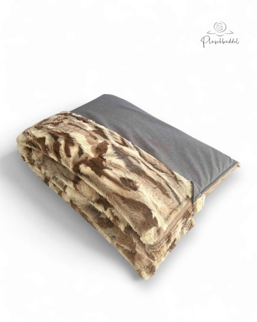PLÜSCHBÜDDEL OUTDOOR CLASSIC // Größe XL ca. 145x65 cm // Softshell Graumelange  + Kunstfell Desert Stone + Reissverschluss: Braunbeige // SOFORTKAUF
