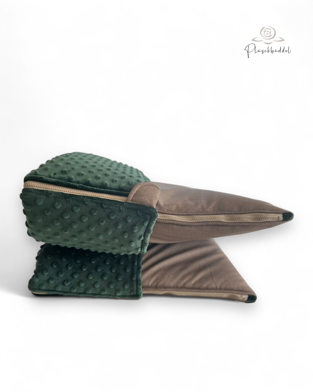 PLÜSCHBÜDDEL CLASSIC // Softshell Braunmelange + Minky Dots Waldgrün + Reißverschluss Braunbeige // SOFORTKAUF