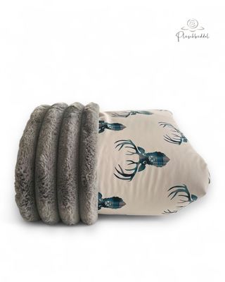 PLÜSCHBÜDDEL LUXUS OUTDOOR //  Grösse M ca. 95x65 cm // Softshell Hirsche Petrolgrau + Superrippen 5 cm Graphit // SOFORTKAUF