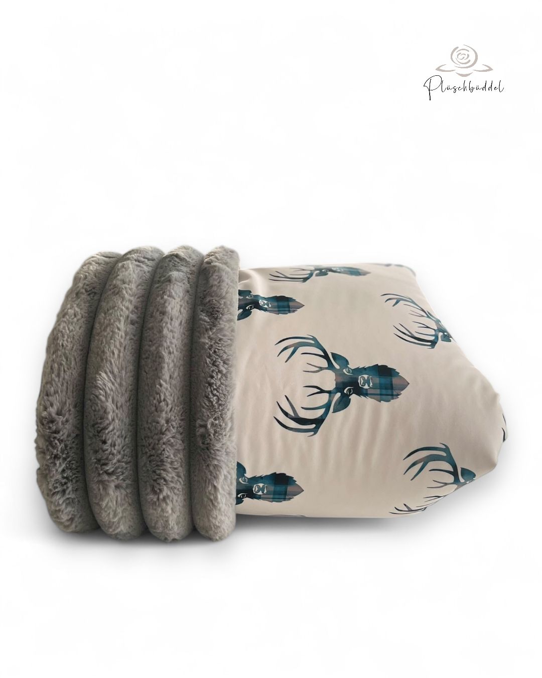 PLÜSCHBÜDDEL LUXUS OUTDOOR //  Grösse M ca. 95x65 cm // Softshell Hirsche Petrolgrau + Superrippen 5 cm Graphit // SOFORTKAUF