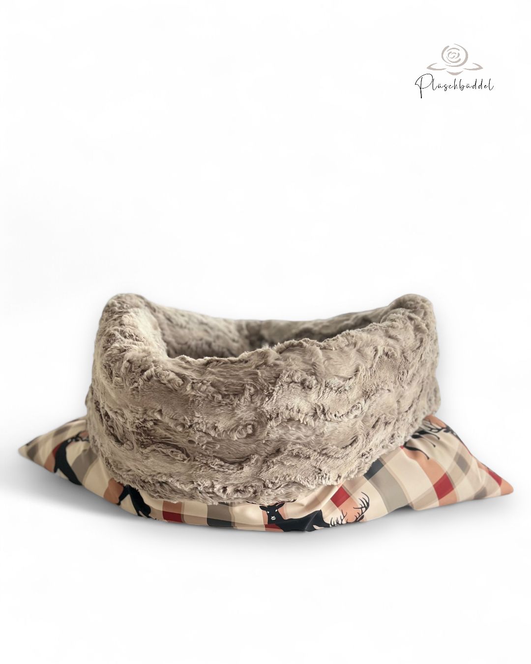 PLÜSCHBÜDDEL LUXUS OUTDOOR //  Grösse M ca. 95x65 cm // Softshell Hirsche Schwarz auf Karo + Wild Rabbit Sanddüne // SOFORTKAUF