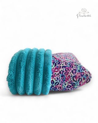 PLÜSCHBÜDDEL CLASSIC OUTDOOR //  Grösse M ca. 95x65 cm // Softshell Animalprint purple + Superrippen Türkis // SOFORTKAUF